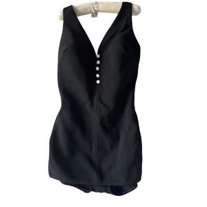 Vintage 60s Cole of California Black Pinup Swimsuit Ribbed Button Front Size 14